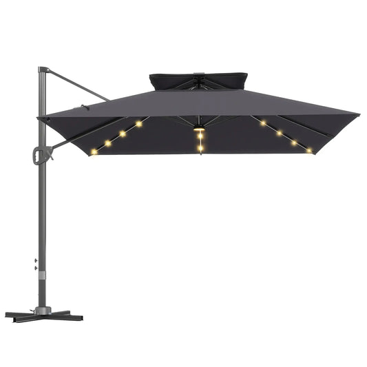 Outsunny 3.5x3 m Cantilever Parasol – Solar LED Garden Umbrella with Centre Light, Tilt & 360° Rotation - Dark Grey | 84D - 433V00CG - Furniture, Lighting & Decor