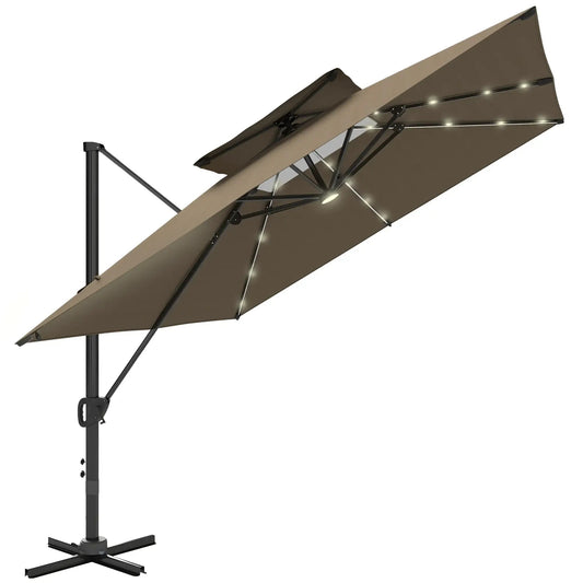 Outsunny 3.5x3 m Cantilever Parasol – Solar LED Garden Umbrella with Centre Light, Tilt & 360° Rotation - Khaki | 84D - 433V00KK - Furniture, Lighting & Decor