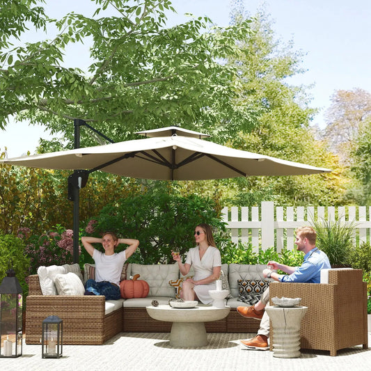 Outsunny 3.7 x 2.7 m Cantilever Parasol w/ 360° Rotation and Easy Tilt Adjustment, Aluminium Hanging Offset Outdoor Umbrella w/ Double Top and Cross Base, UPF50+ Hanging Sun Shade - Grey| 84D - 354V00GY - Furniture, Lighting & Decor