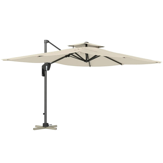 Outsunny 3.7 x 2.7 m Cantilever Parasol w/ 360° Rotation and Easy Tilt Adjustment, Aluminium Hanging Offset Outdoor Umbrella w/ Double Top and Cross Base, UPF50+ Hanging Sun Shade - Grey| 84D - 354V00GY - Furniture, Lighting & Decor