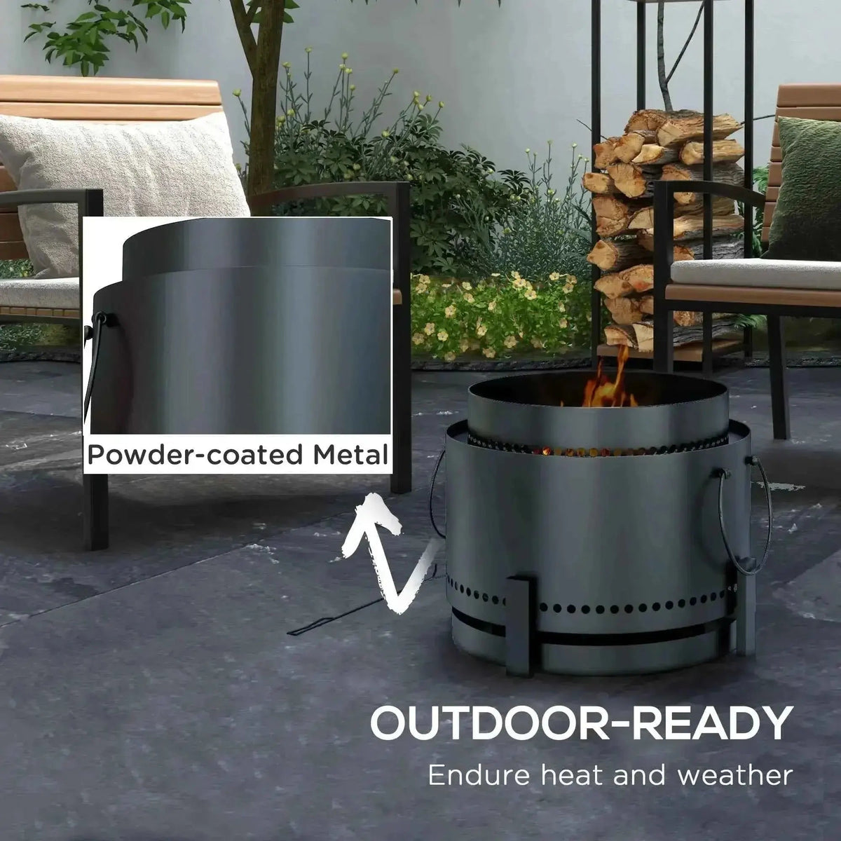 Outsunny 37cm smokeless black fire pit made of powder-coated metal with ash catcher and sturdy handles for outdoor use
