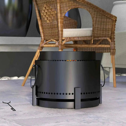 Outsunny black cylindrical metal smokeless fire pit with perforated sides, ash catcher, and side handles