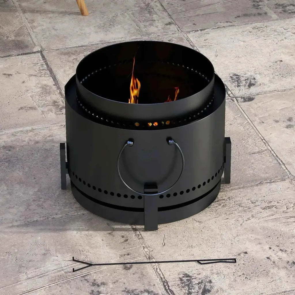 Black metal smokeless fire pit with circular handle and perforated sides by Outsunny 37cm with ash catcher and poker
