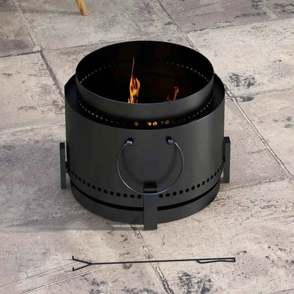 Black metal smokeless fire pit with circular handle and perforated sides by Outsunny 37cm with ash catcher and poker