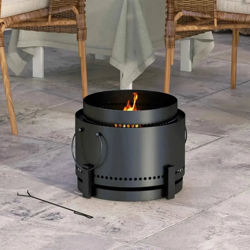 Outsunny black metal cylindrical smokeless fire pit with perforated sides, circular handles, ash catcher, and poker