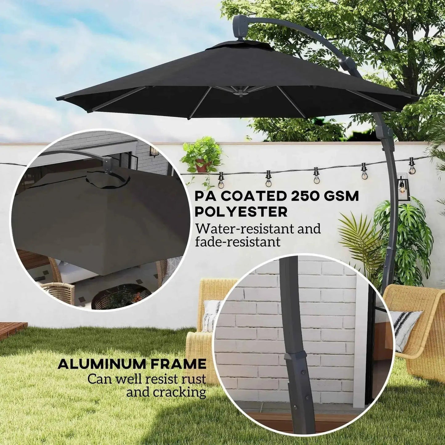 Outsunny 3m Cantilever Parasol – Crank Handle, 360° Rotation, Black | 84D-388V00BK