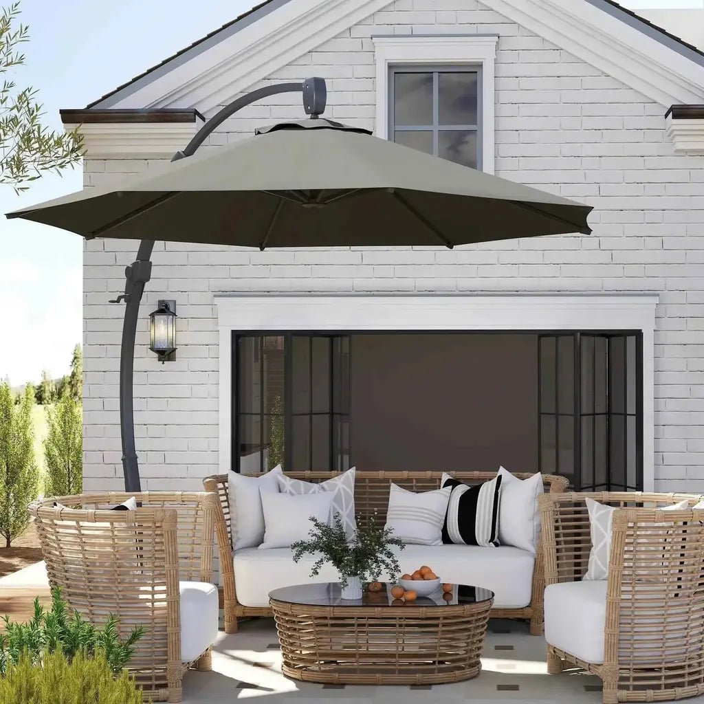 Outsunny 3m olive green cantilever parasol with crank handle curved metal arm and sturdy black hardware for patio shade