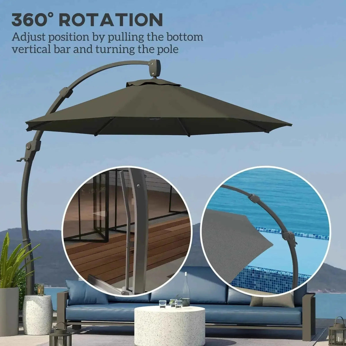 Outsunny 3m cantilever parasol in dark olive green fabric with curved metal pole and 360 degree rotation crank handle