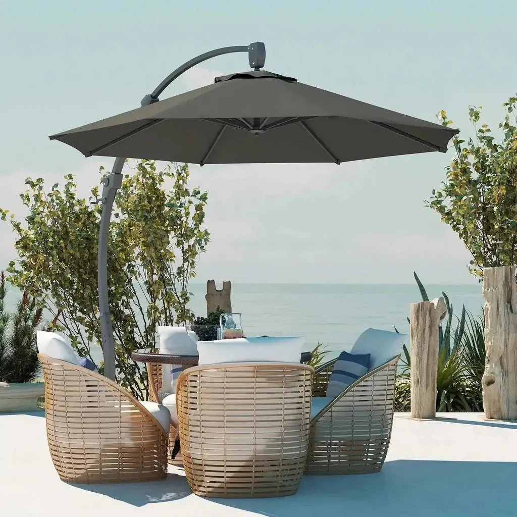 Outsunny 3m cantilever parasol in dark gray with curved metal arm crank handle and 360 degree rotation