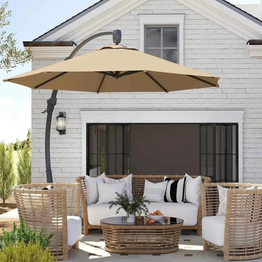 Beige outsunny 3m cantilever parasol with curved black metal arm and crank handle for 360 degree rotation