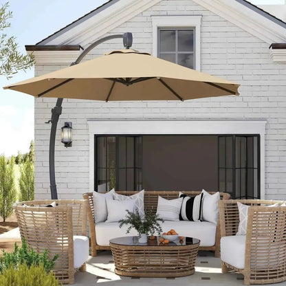 Beige outsunny 3m cantilever parasol with curved black metal arm and crank handle for 360 degree rotation