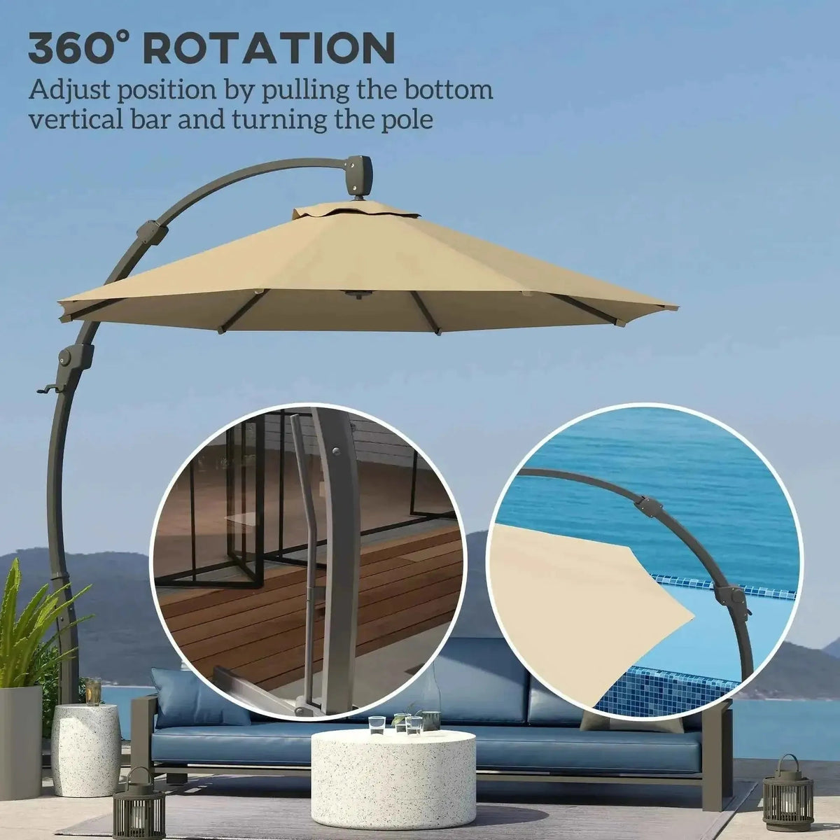 Beige fabric canopy on outsunny 3m khaki cantilever parasol with curved metal pole and 360 degree rotation crank handle