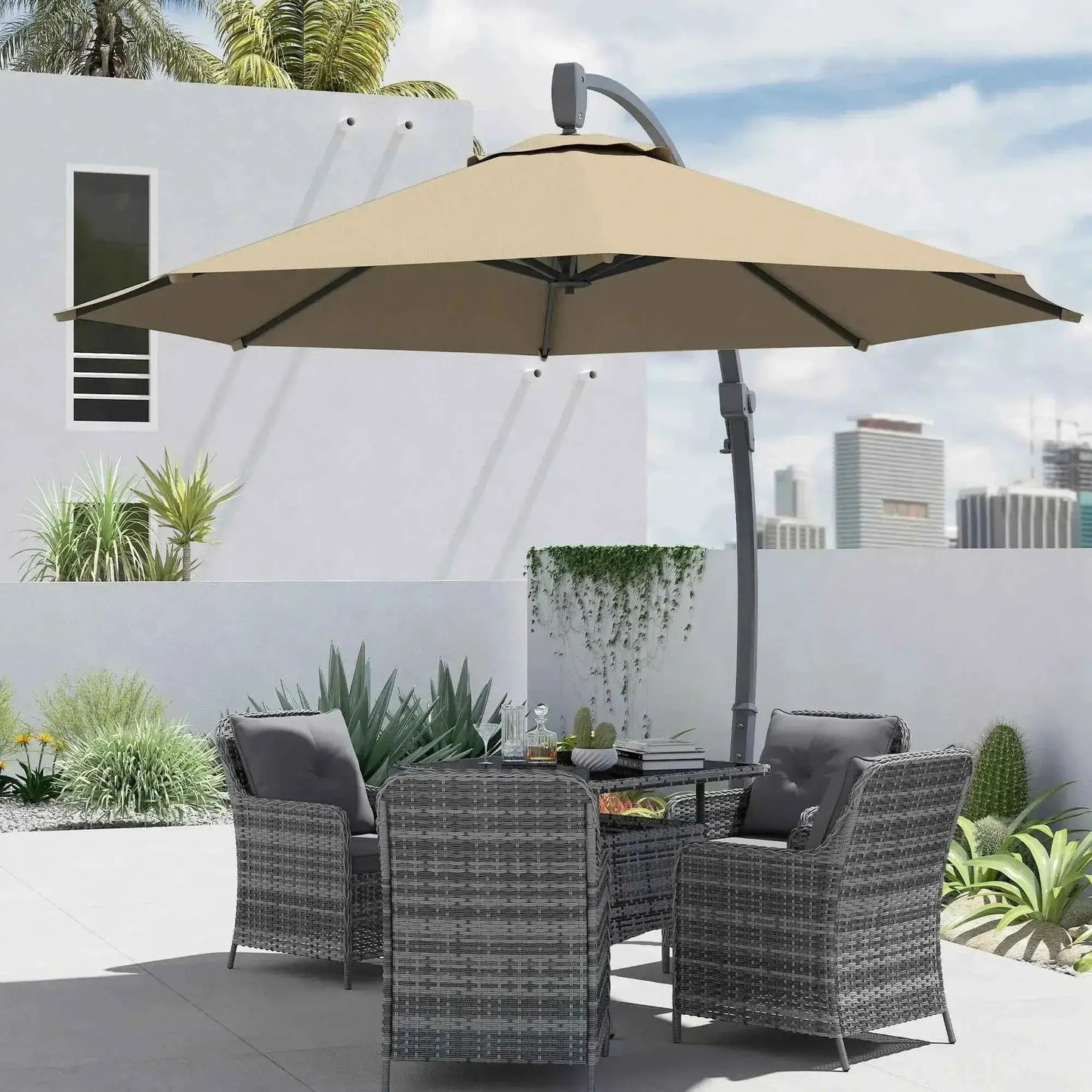 Outsunny 3m Cantilever Parasol – Crank Handle, 360° Rotation, Khaki | 84D-388V00KK