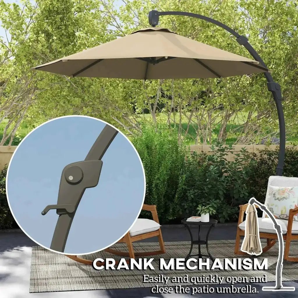Beige outsunny 3m cantilever parasol with curved black metal arm crank handle and 360 degree rotation in khaki