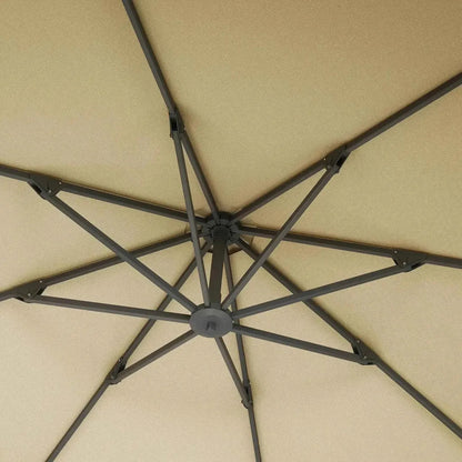 Beige fabric canopy with dark gray metal ribs and central hub on outsunny 3m cantilever parasol with crank handle