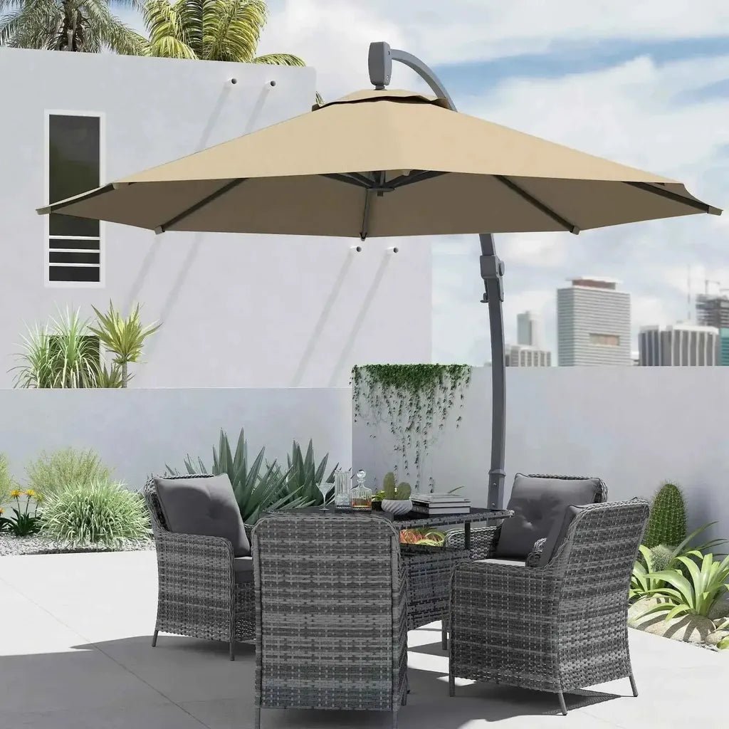 Beige outsunny 3m cantilever parasol with curved metal pole crank handle and 360 degree rotation for patio use