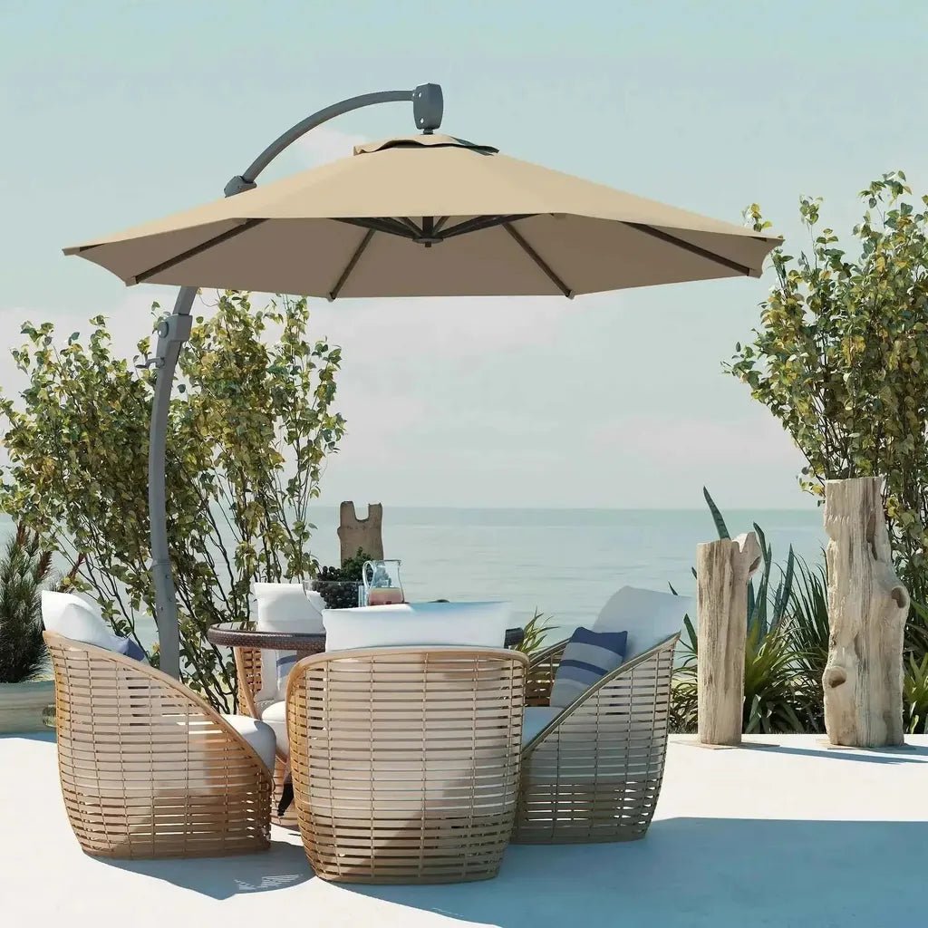 Beige outsunny 3m cantilever patio umbrella with curved metal frame crank handle and 360 degree rotation in khaki