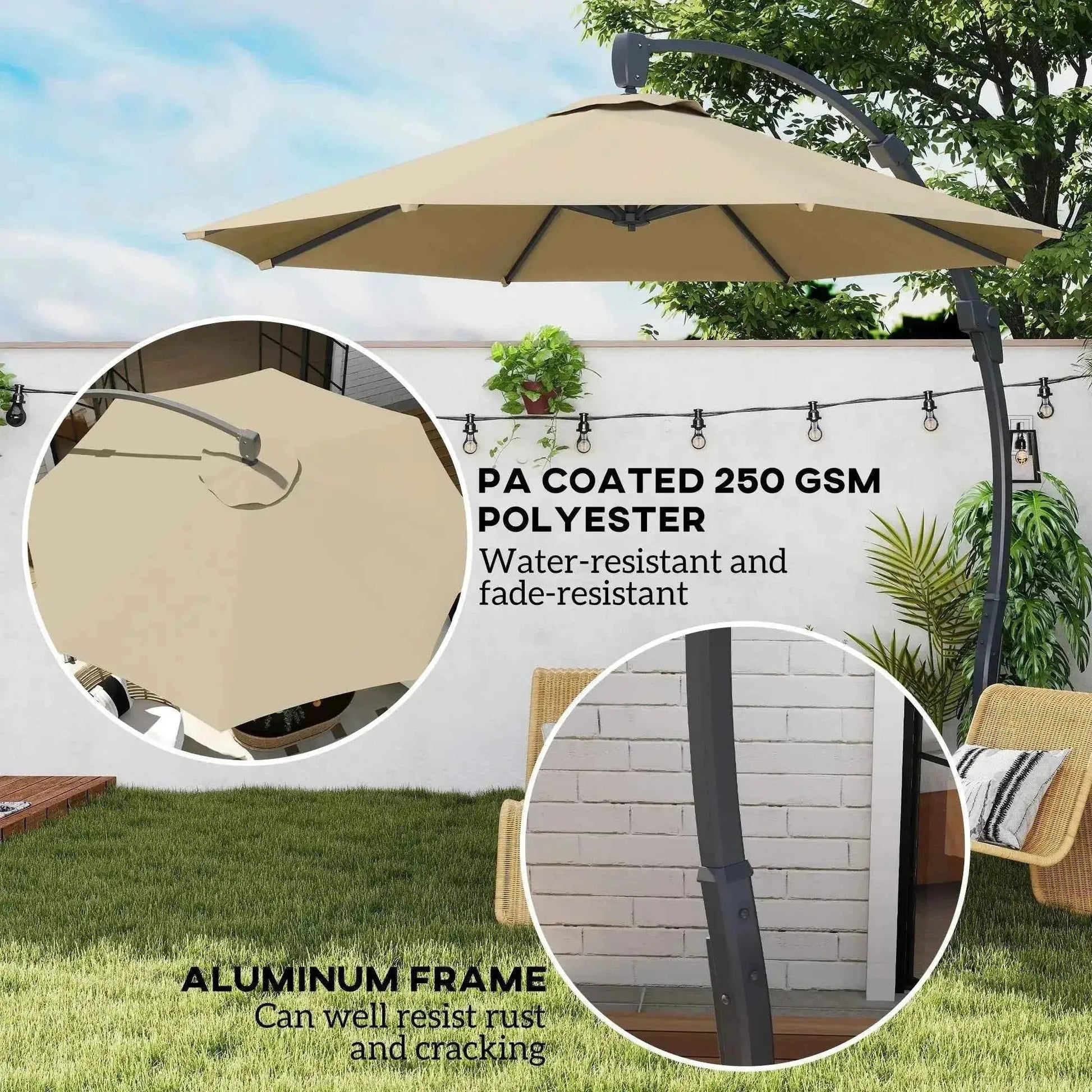 Outsunny 3m Cantilever Parasol – Crank Handle, 360° Rotation, Khaki | 84D-388V00KK