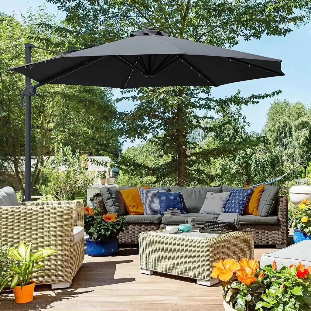 Outsunny black cantilever patio umbrella with crank tilt led 360 rotating metal frame and sleek modern design