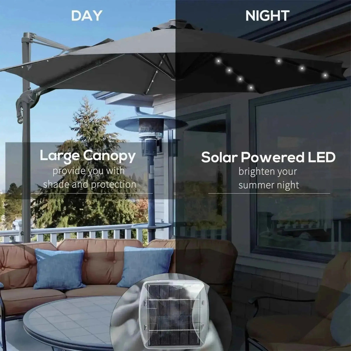 Gray outsunny 3m cantilever parasol with solar-powered led lights crank tilt and 360 degree rotation for patio use