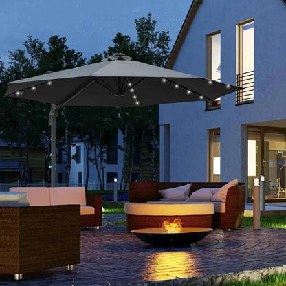 Outsunny 3m cantilever parasol in dark gray with integrated LED string lights crank tilt and 360 degree rotation