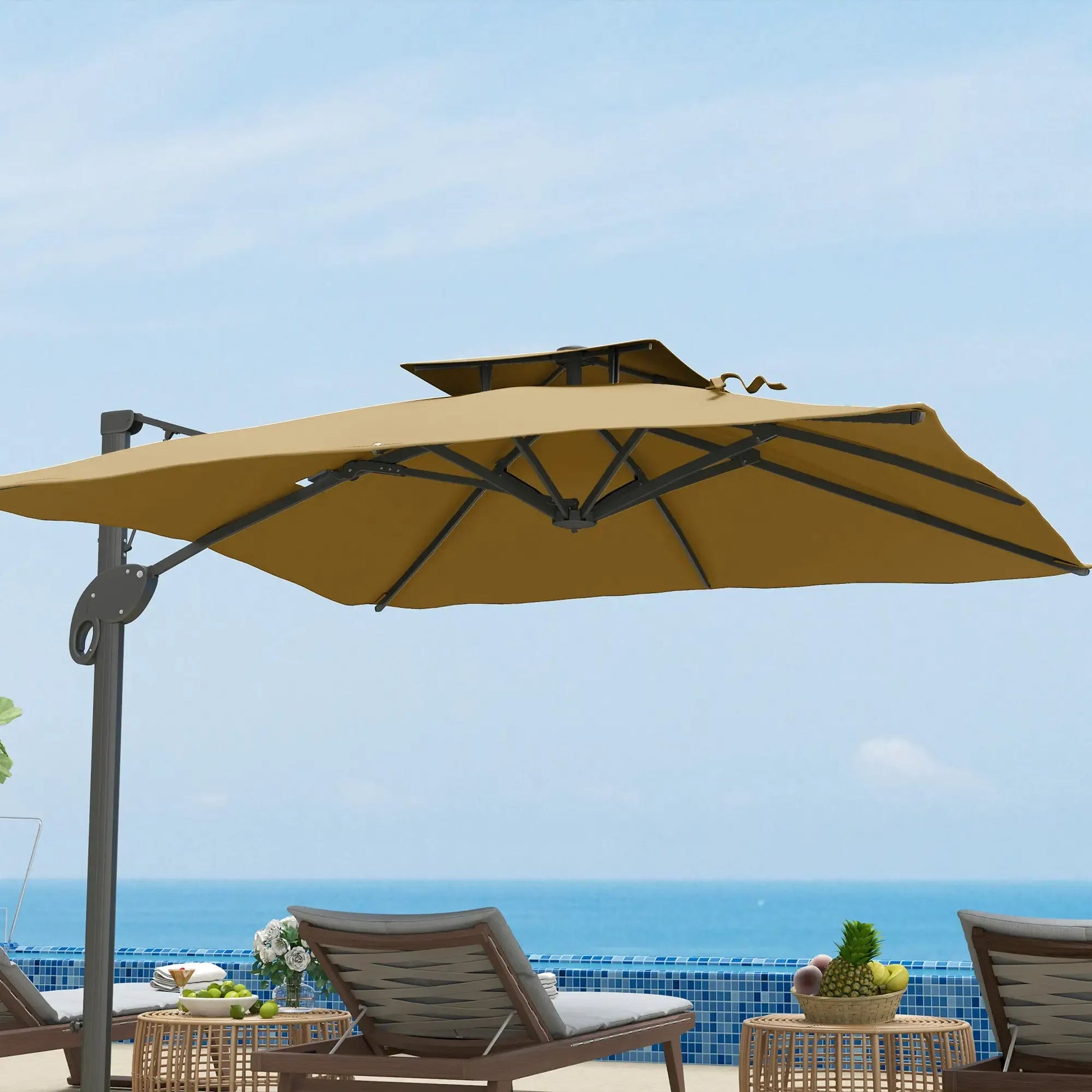 Outsunny 3m Cantilever Parasol – Hydraulic, Dual Vented, Khaki | 84D - 322V00KK - Furniture, Lighting & Decor
