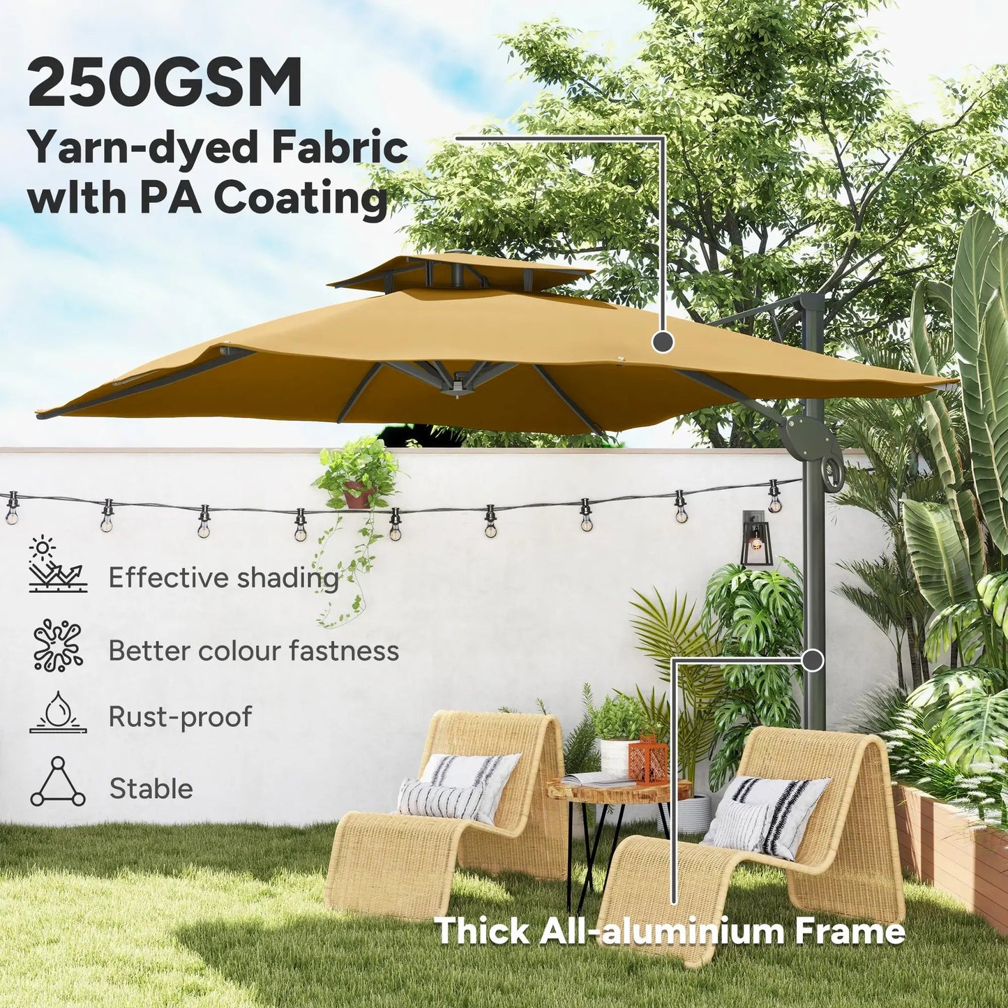 Outsunny 3m Cantilever Parasol – Hydraulic, Dual Vented, Khaki | 84D - 322V00KK - Furniture, Lighting & Decor
