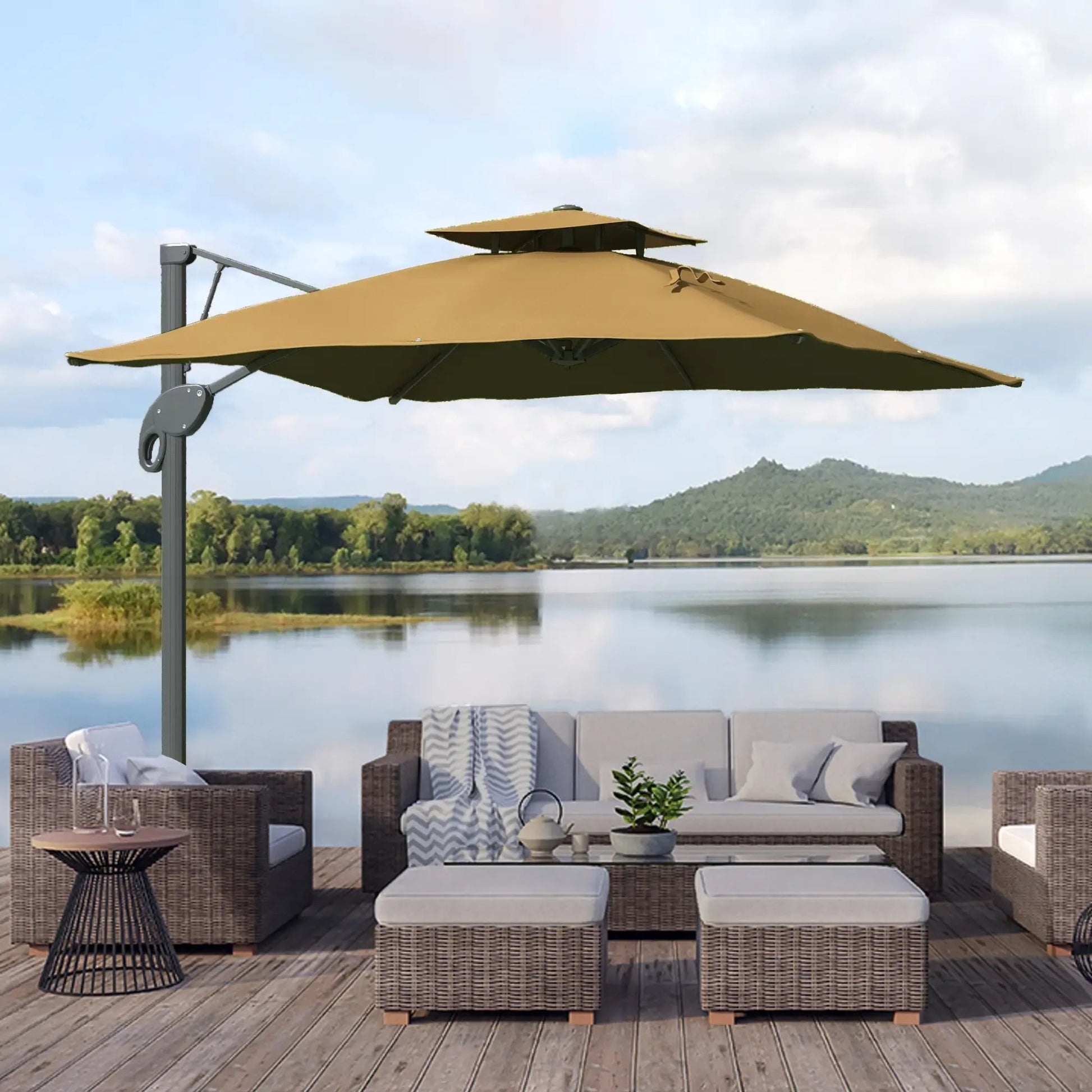 Outsunny 3m Cantilever Parasol – Hydraulic, Dual Vented, Khaki | 84D - 322V00KK - Furniture, Lighting & Decor