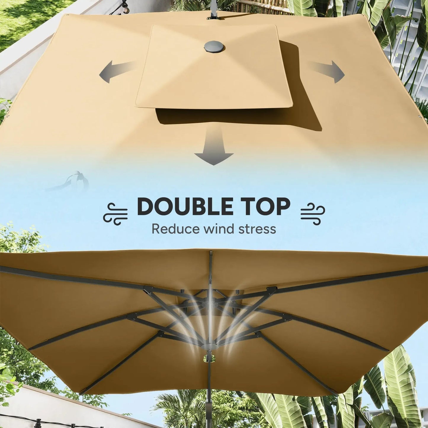 Outsunny 3m Cantilever Parasol – Hydraulic, Dual Vented, Khaki | 84D - 322V00KK - Furniture, Lighting & Decor