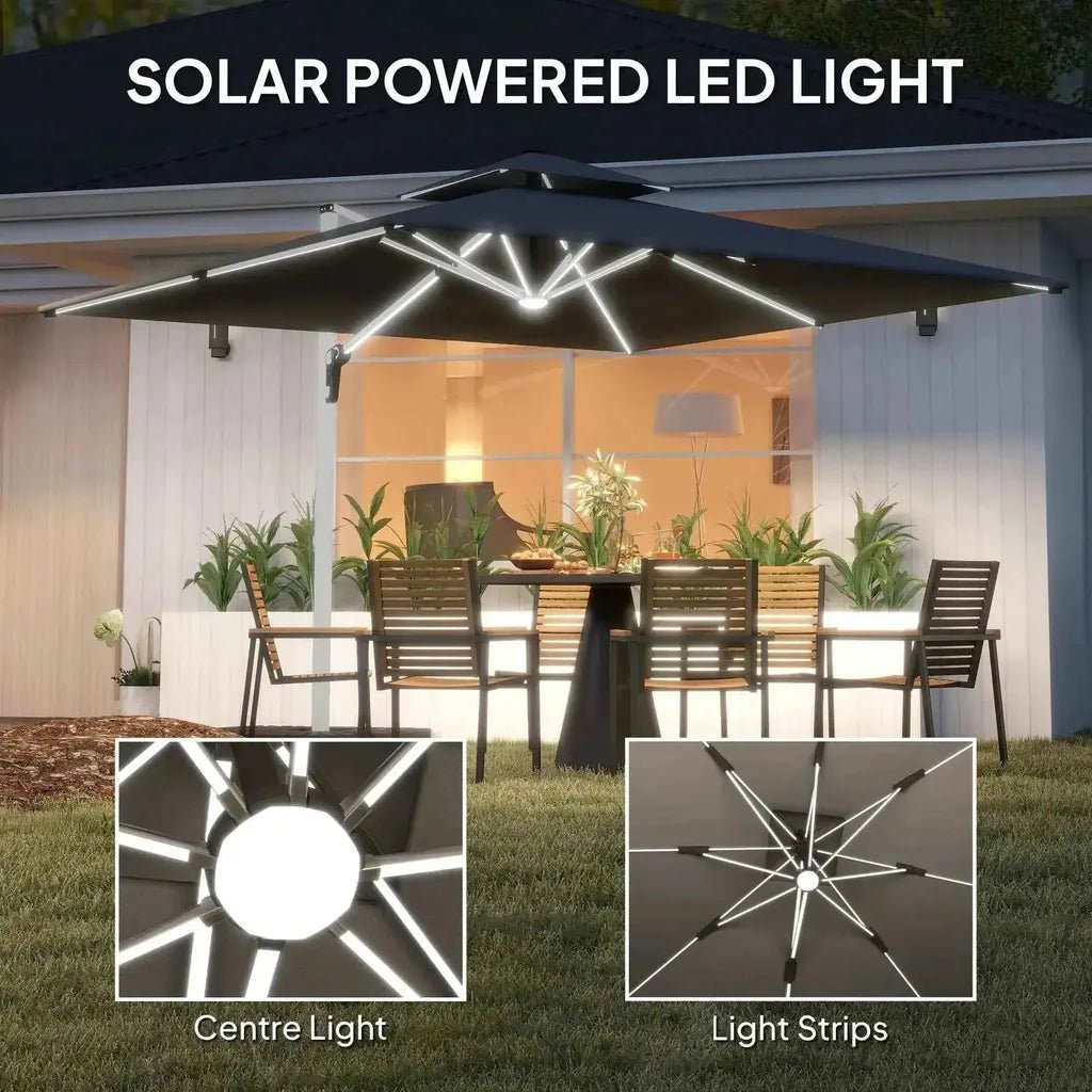 Black outsunny 3m cantilever parasol with solar-powered led umbrella light strips and central spotlight gray color