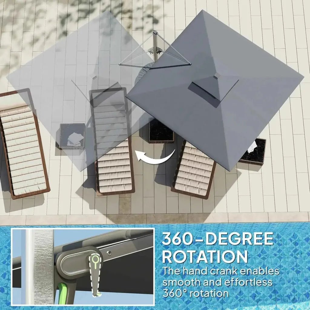 Gray Outsunny 3m cantilever parasol with solar LED, 360 degree rotation hand crank, tilt feature, and durable fabric canopy