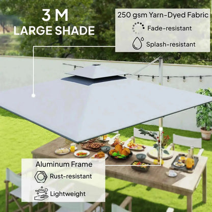White outsunny 3m cantilever parasol with rust-resistant aluminum frame and fade-resistant yarn-dyed fabric