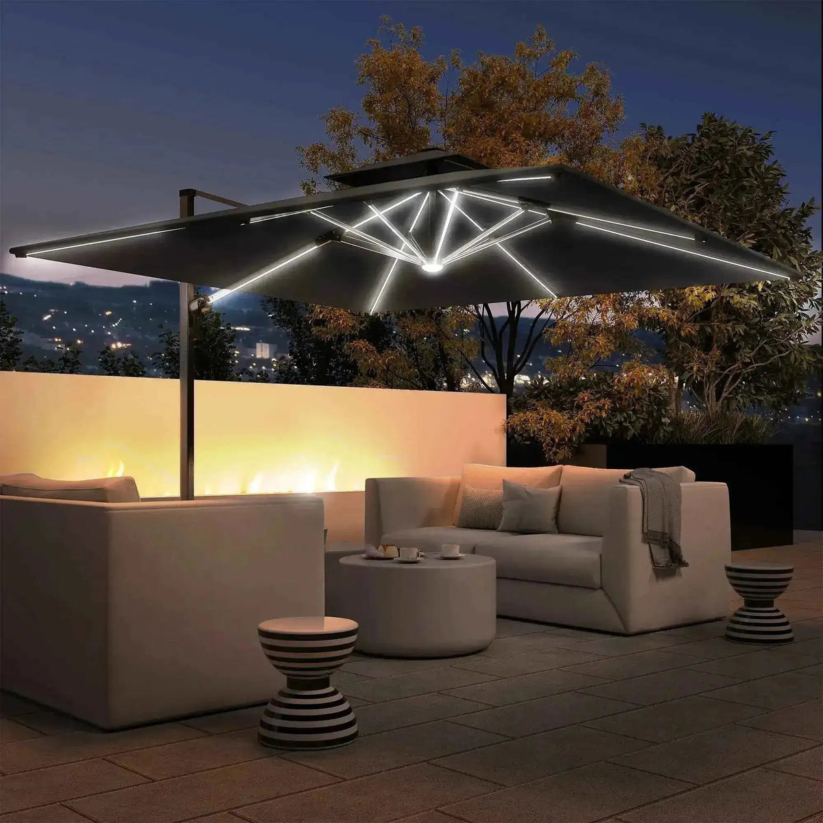 Black led-lit outsunny 3m cantilever parasol with modern geometric solar light design and 360 degree rotation