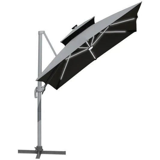 Outsunny 3m Cantilever Parasol – Solar LED, Tilt, Crank, Grey | 84D - 184CG - Furniture, Lighting & Decor