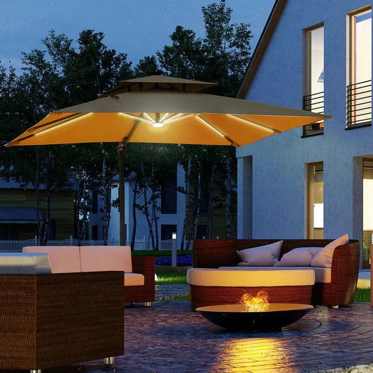 Outsunny 3m Cantilever Parasol – Solar LED, Tilt, Crank, Khaki | 84D-184KK