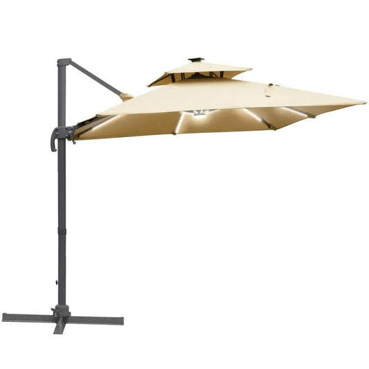 Outsunny 3m Cantilever Parasol – Solar LED, Tilt, Crank, Khaki | 84D - 184KK - Furniture, Lighting & Decor