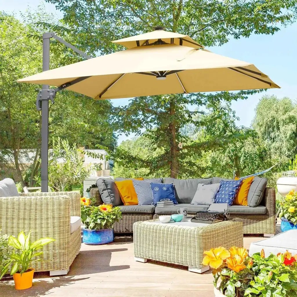 Beige two-tiered outsunny 3m cantilever parasol with solar led tilt crank and dark gray metal frame