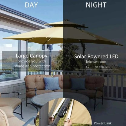 Beige outsunny 3m cantilever parasol with double-tiered solar-powered led lighting crank and tilt features