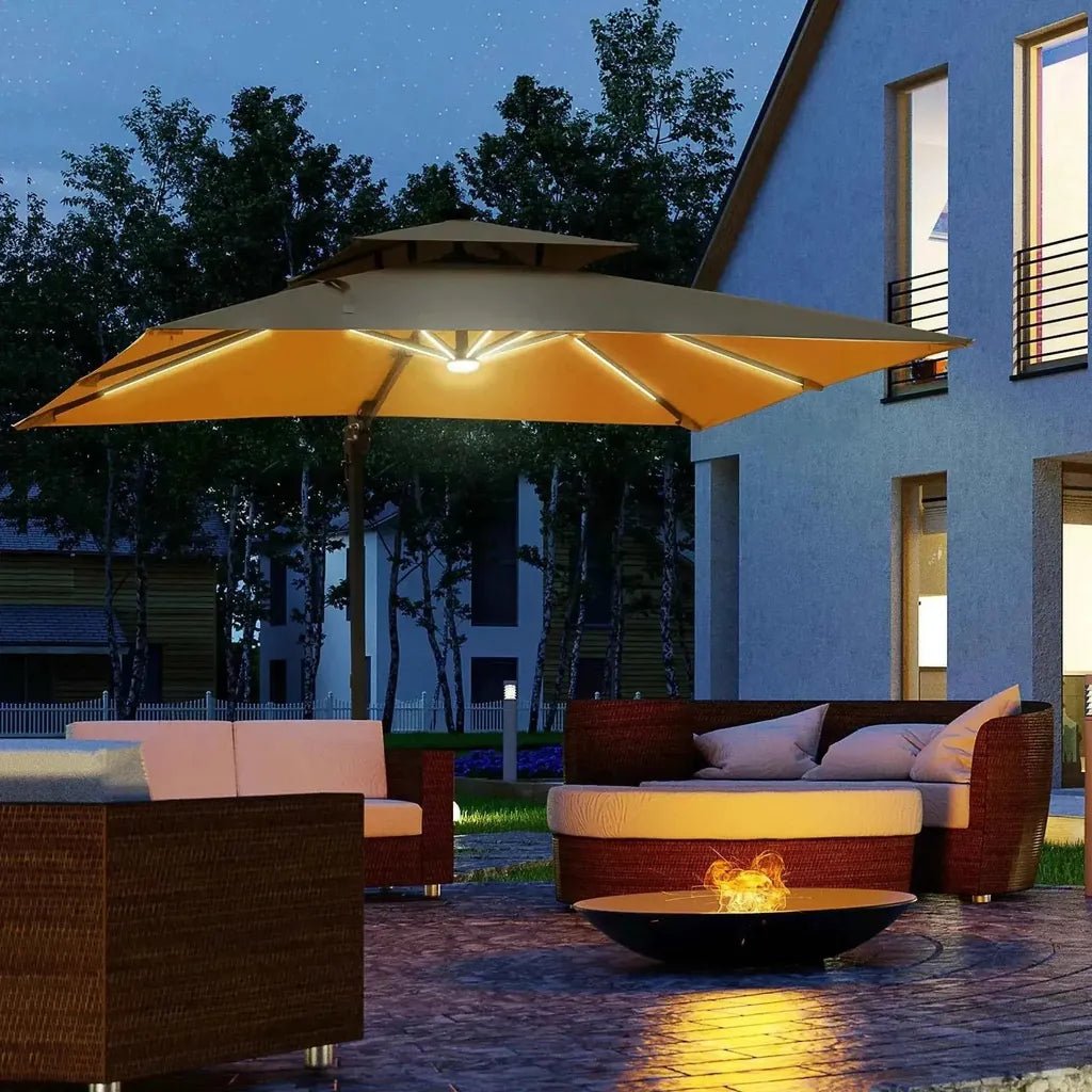 Beige double-tiered outsunny 3m cantilever parasol with integrated solar led lighting tilt and crank mechanism