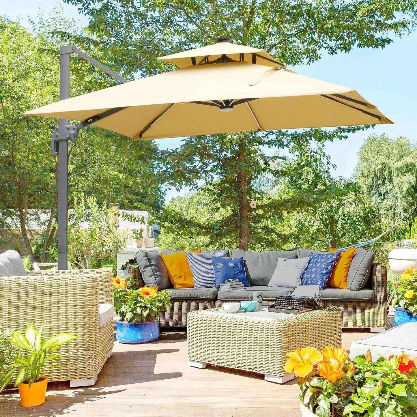 Outsunny 3m Cantilever Parasol – Solar LED, Tilt, Crank, Khaki | 84D-184KK
