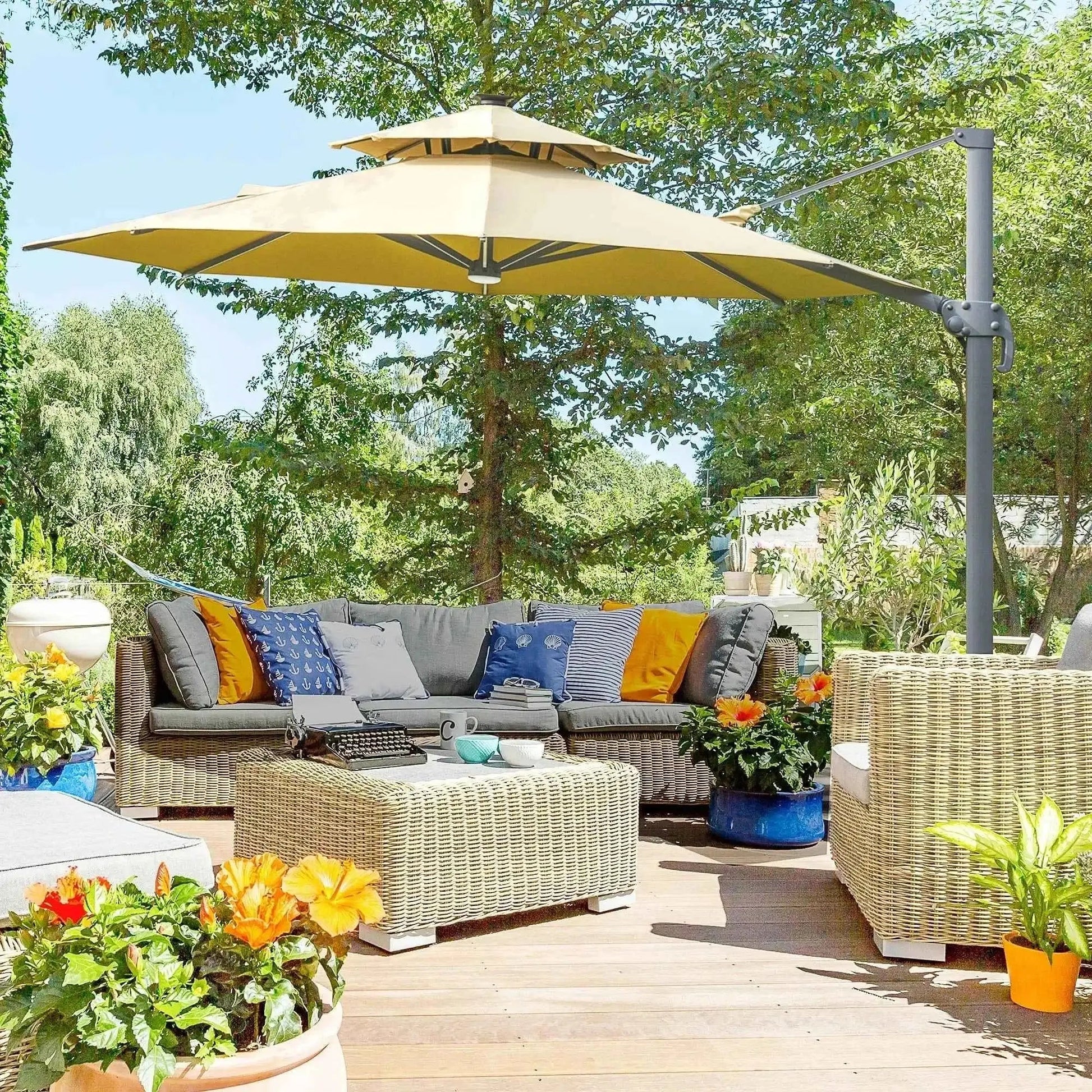 Outsunny 3m Cantilever Parasol – Solar Lights, Power Bank, 360° Spin | 84D-109V01