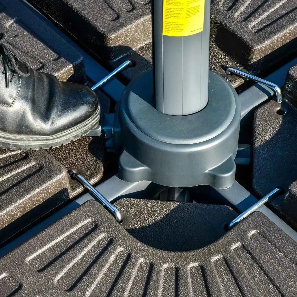 Gray plastic umbrella stand with textured ribbed base and metal footrests for outsunny 3m cantilever parasol