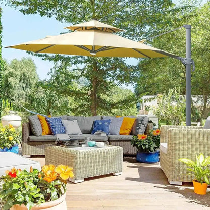 Beige two-tiered outsunny 3m cantilever parasol with dark gray metal arm and solar lights power bank 360 spin features