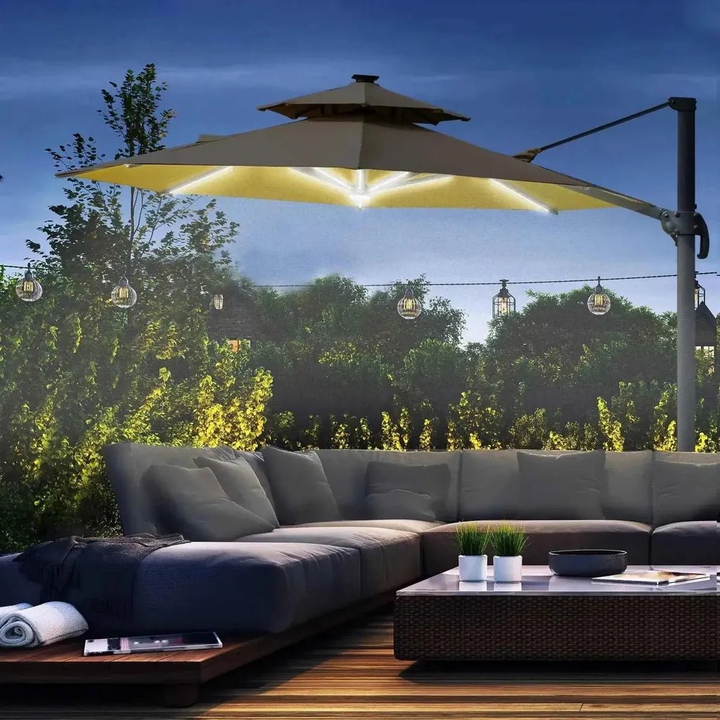 Beige double-tiered outsunny cantilever parasol with integrated solar led lighting and 360 degree spin function