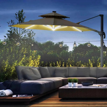 Beige double-tiered outsunny cantilever parasol with integrated solar led lighting and 360 degree spin function