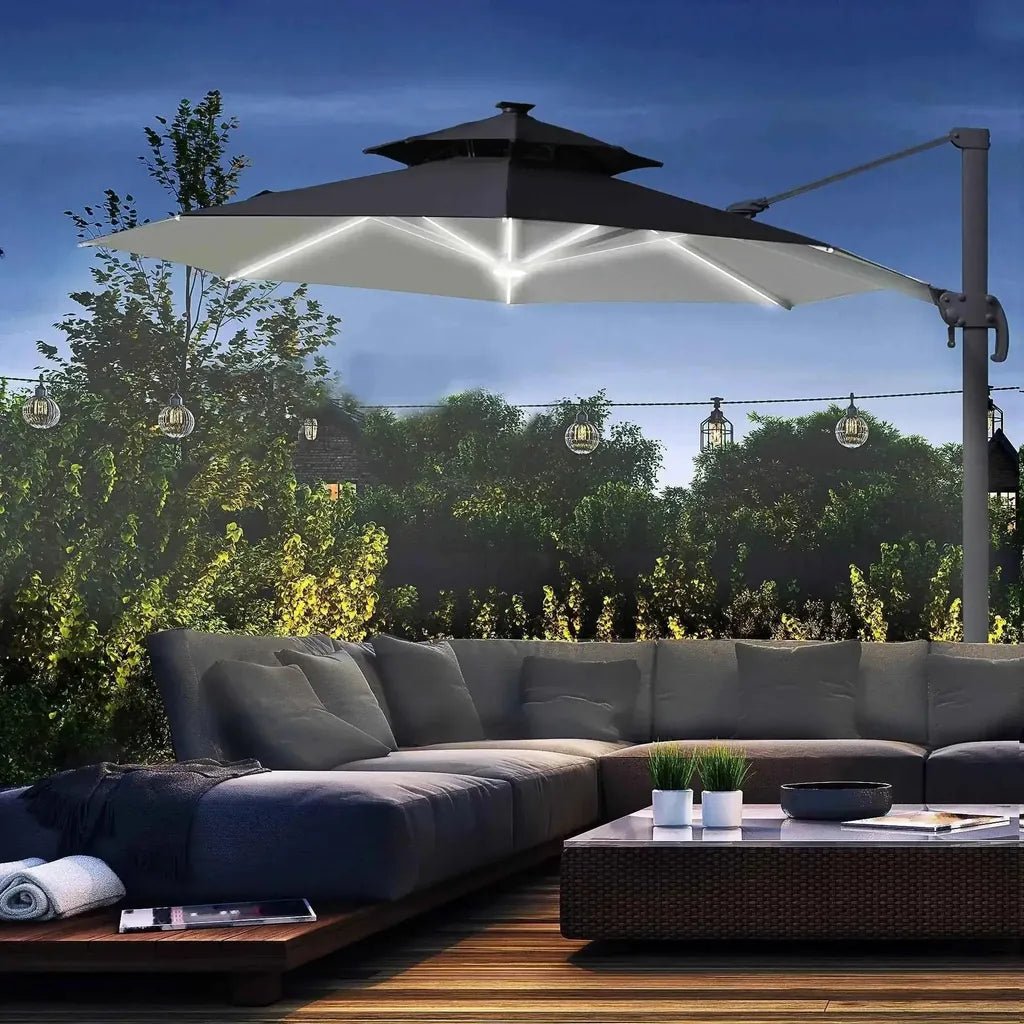 A modern black outsunny 3m cantilever parasol with two-tiered canopy integrated solar led lights and 360 degree spin