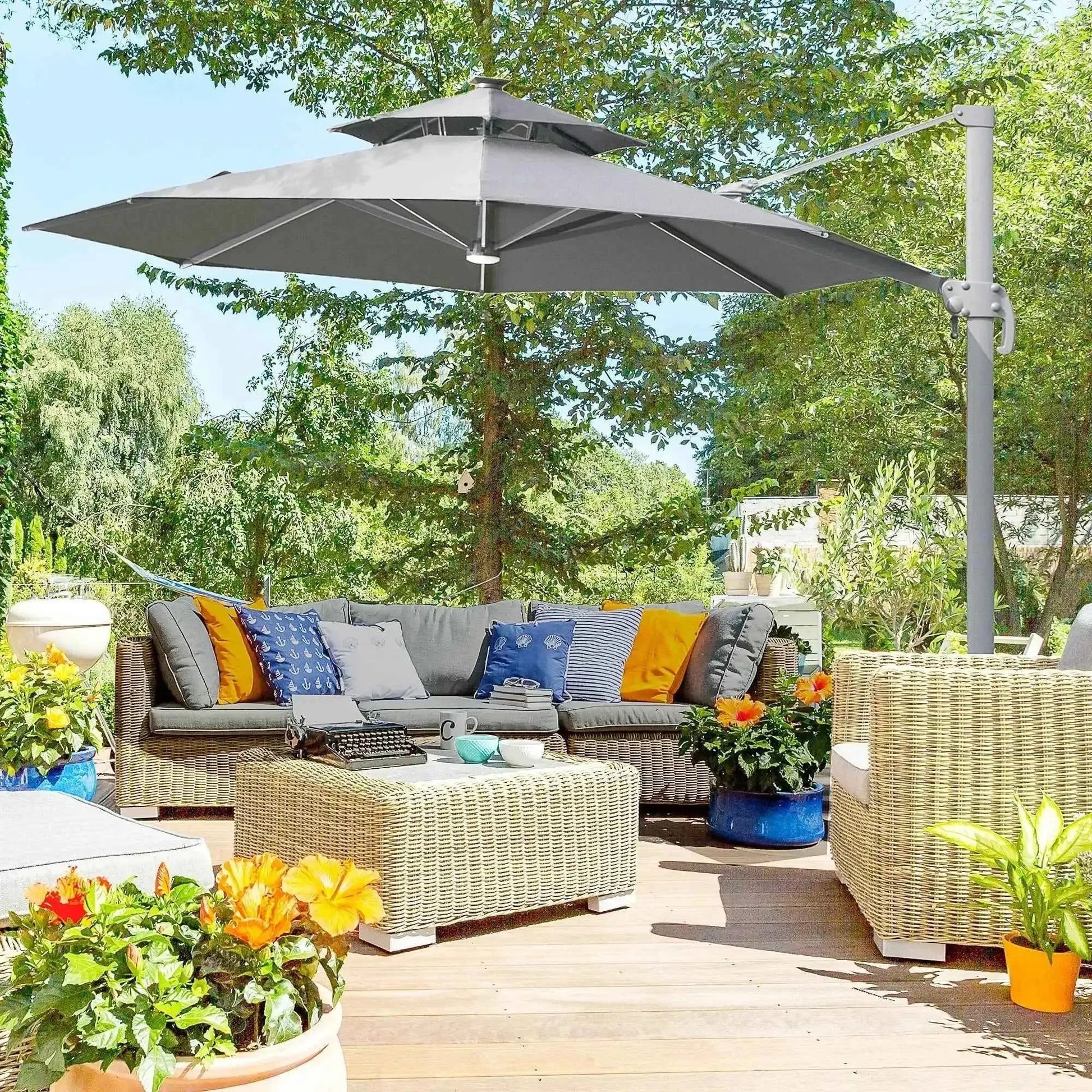 Outsunny 3m Cantilever Parasol – Solar Lights, Power Bank, 360° Spin | 84D-109V01CG