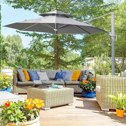 Gray double-tiered cantilever patio umbrella with solar lights and power bank by outsunny with metal pole and sturdy frame