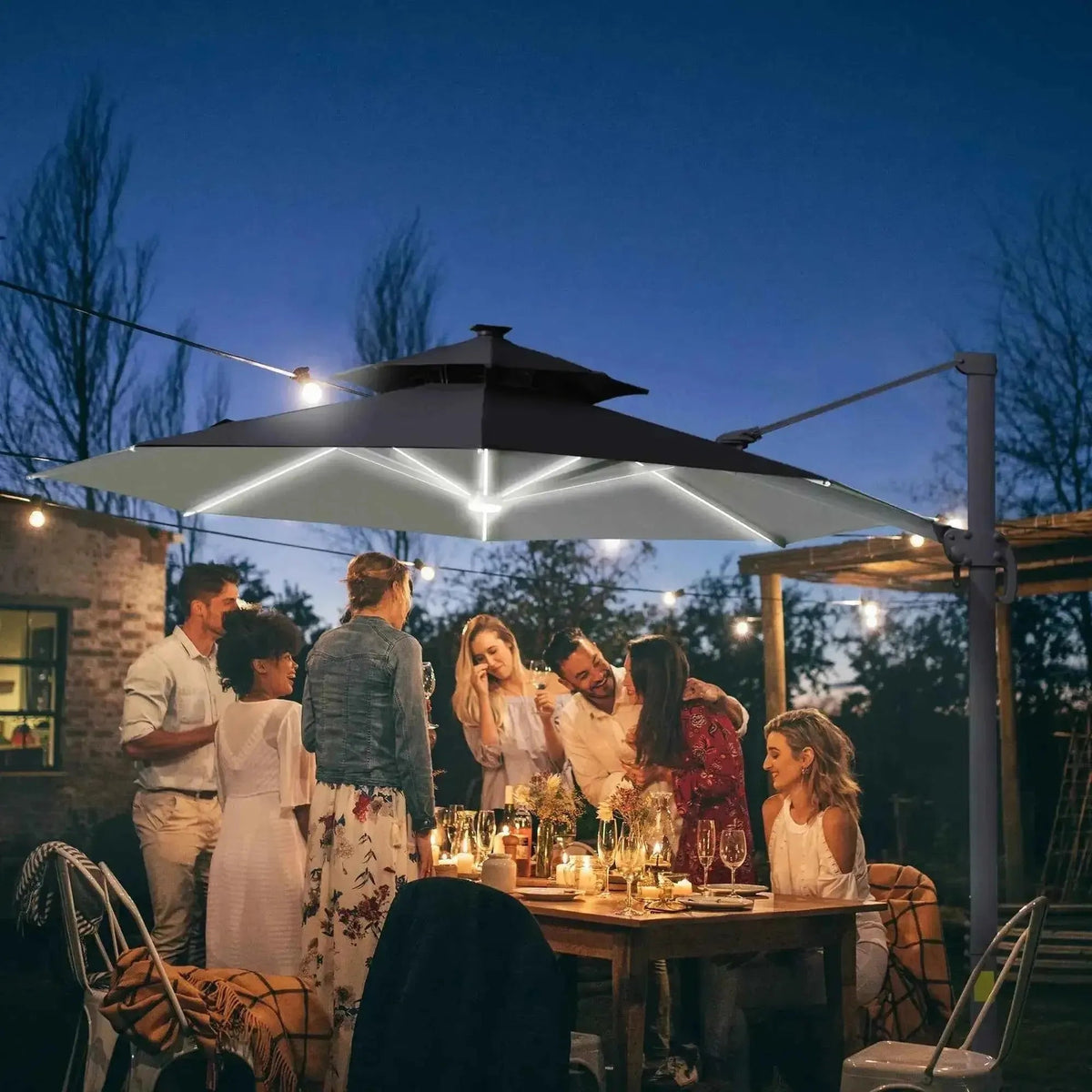 Outsunny 3m black and white cantilever parasol with integrated solar led lighting and 360 degree spin functionality