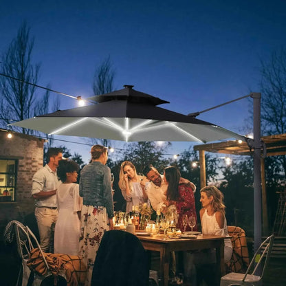 Outsunny 3m black and white cantilever parasol with integrated solar led lighting and 360 degree spin functionality